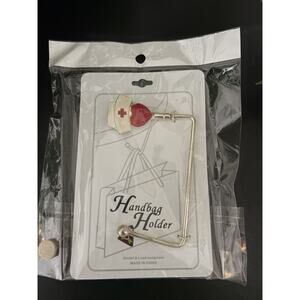 Cross Handbag Holder Silver Tone With Nurse Hat And Heart
